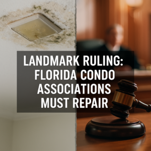 Split image showing moldy condo ceiling leak and a judge’s gavel symbolizing legal victory in Florida condo repair case