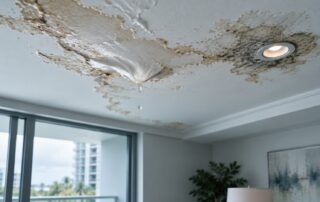 Water intrusion staining and mold spreading across a condominium ceiling, with a drip forming below a recessed light