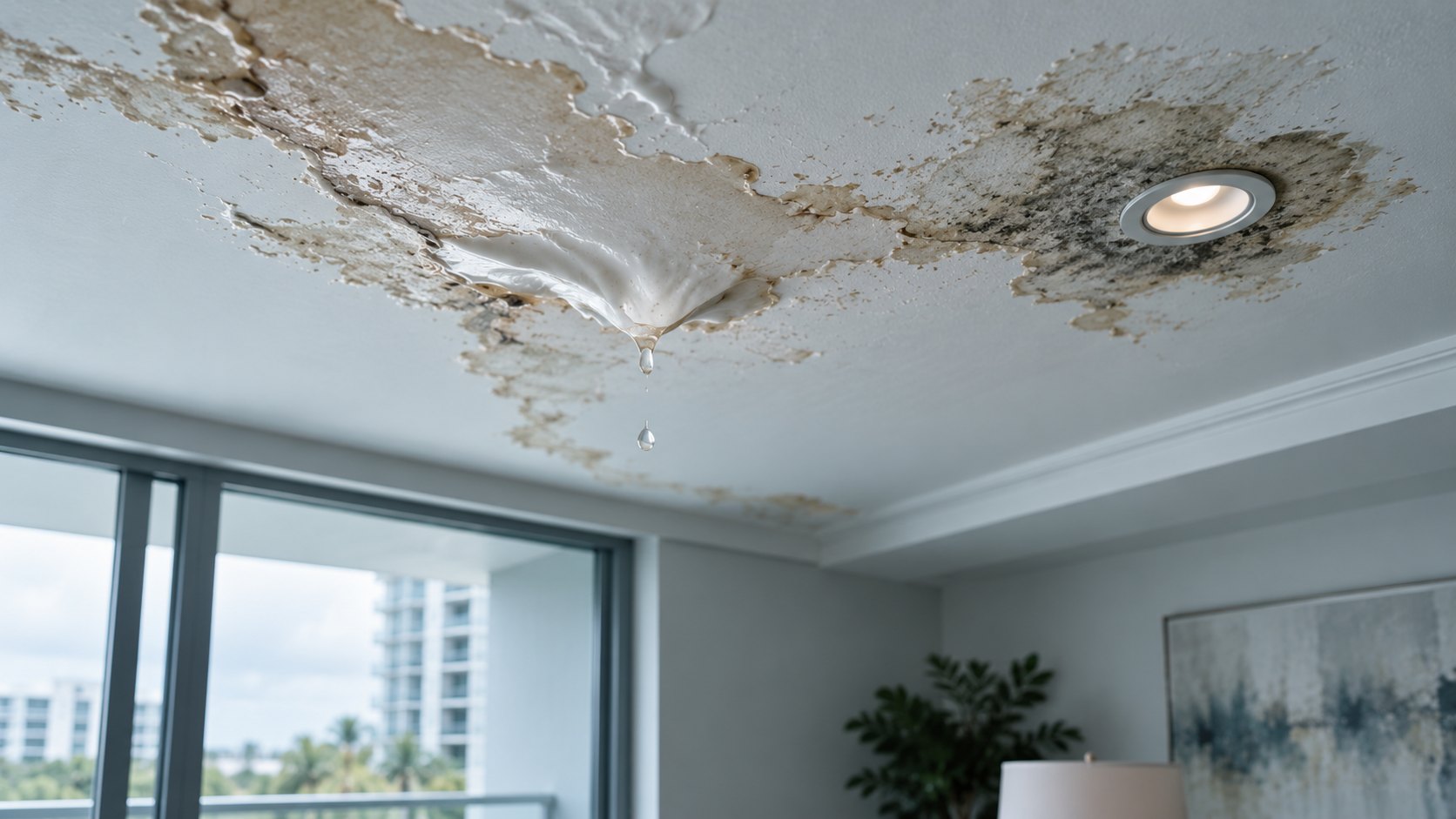 Water intrusion staining and mold spreading across a condominium ceiling, with a drip forming below a recessed light