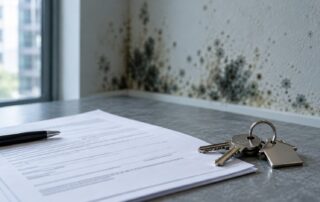 A residential lease agreement and apartment keys on a table, with mold growth on the wall behind