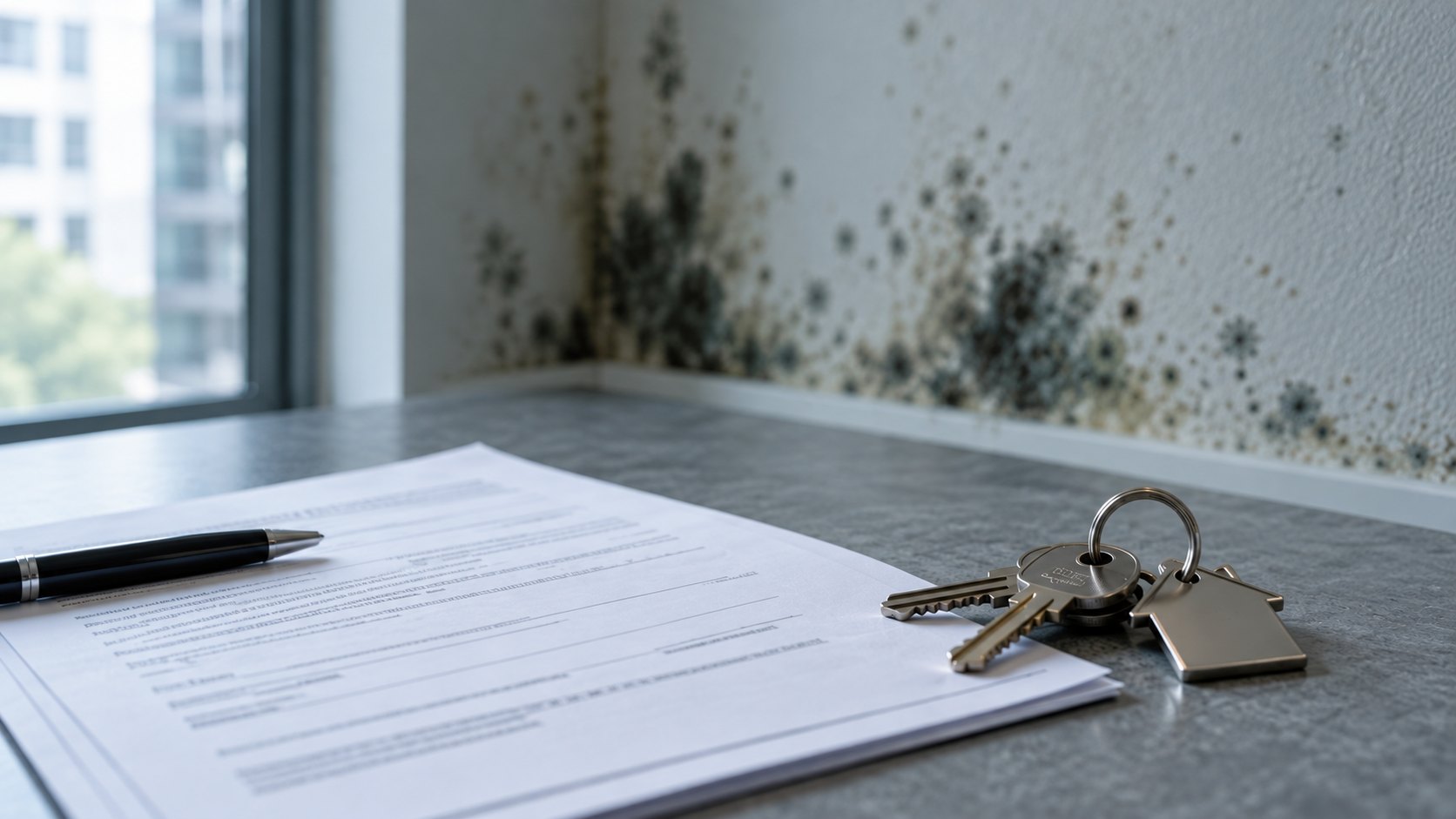 A residential lease agreement and apartment keys on a table, with mold growth on the wall behind